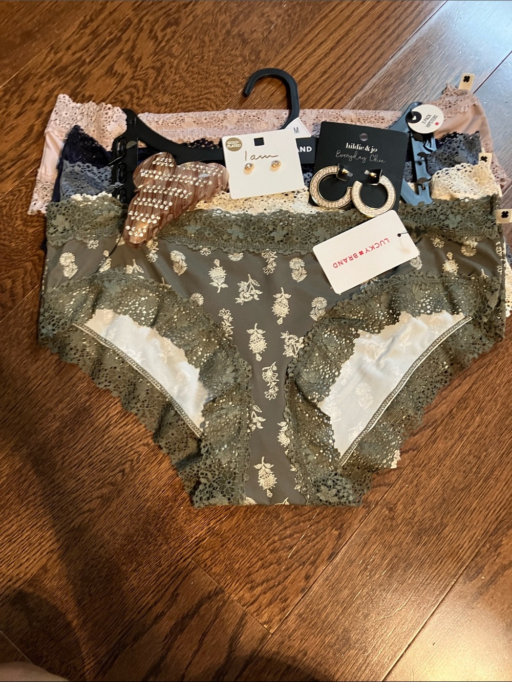 Lucky Brand Olive Floral Lace Bikini Briefs with a FREE hair clip or earrings